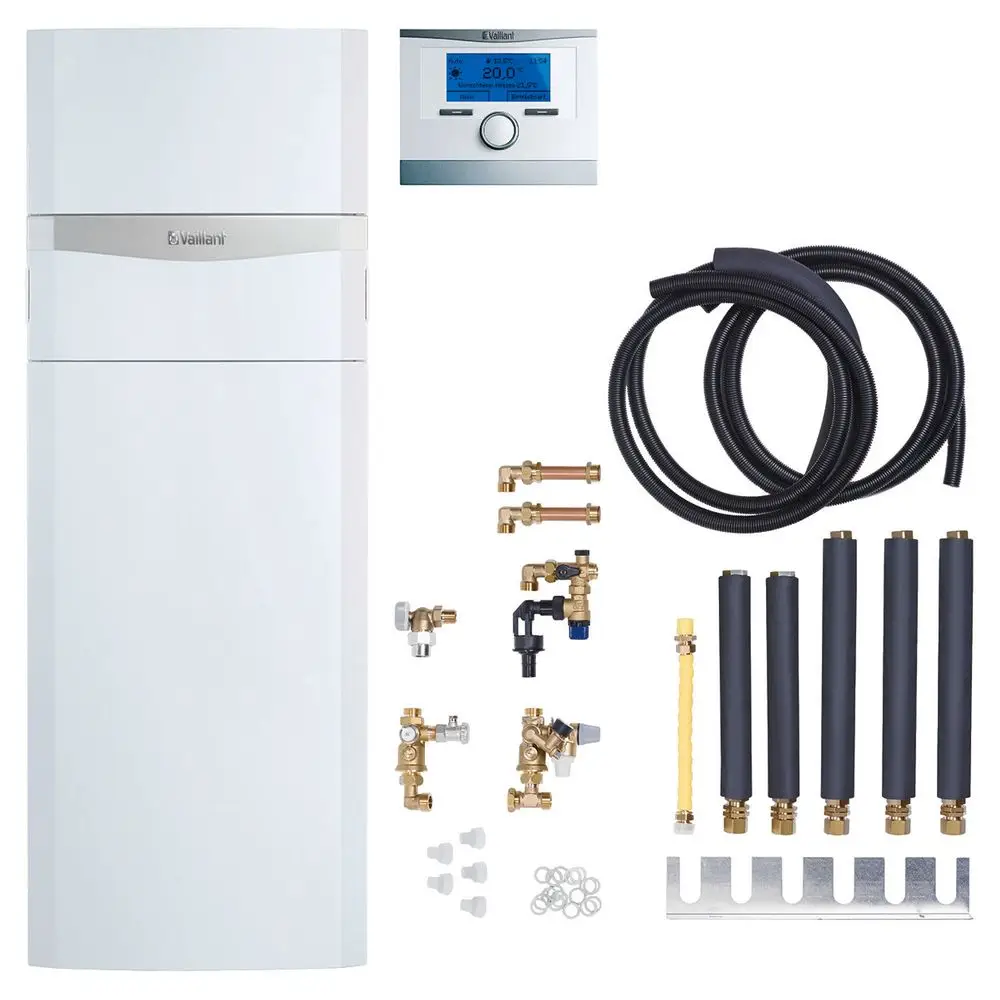 Vaillant Heizgerät in Weiß mit digitalem Thermostat, zahlreichen Anschlusskomponenten, Rohren und Zubehör für die Heizungsinstallation.